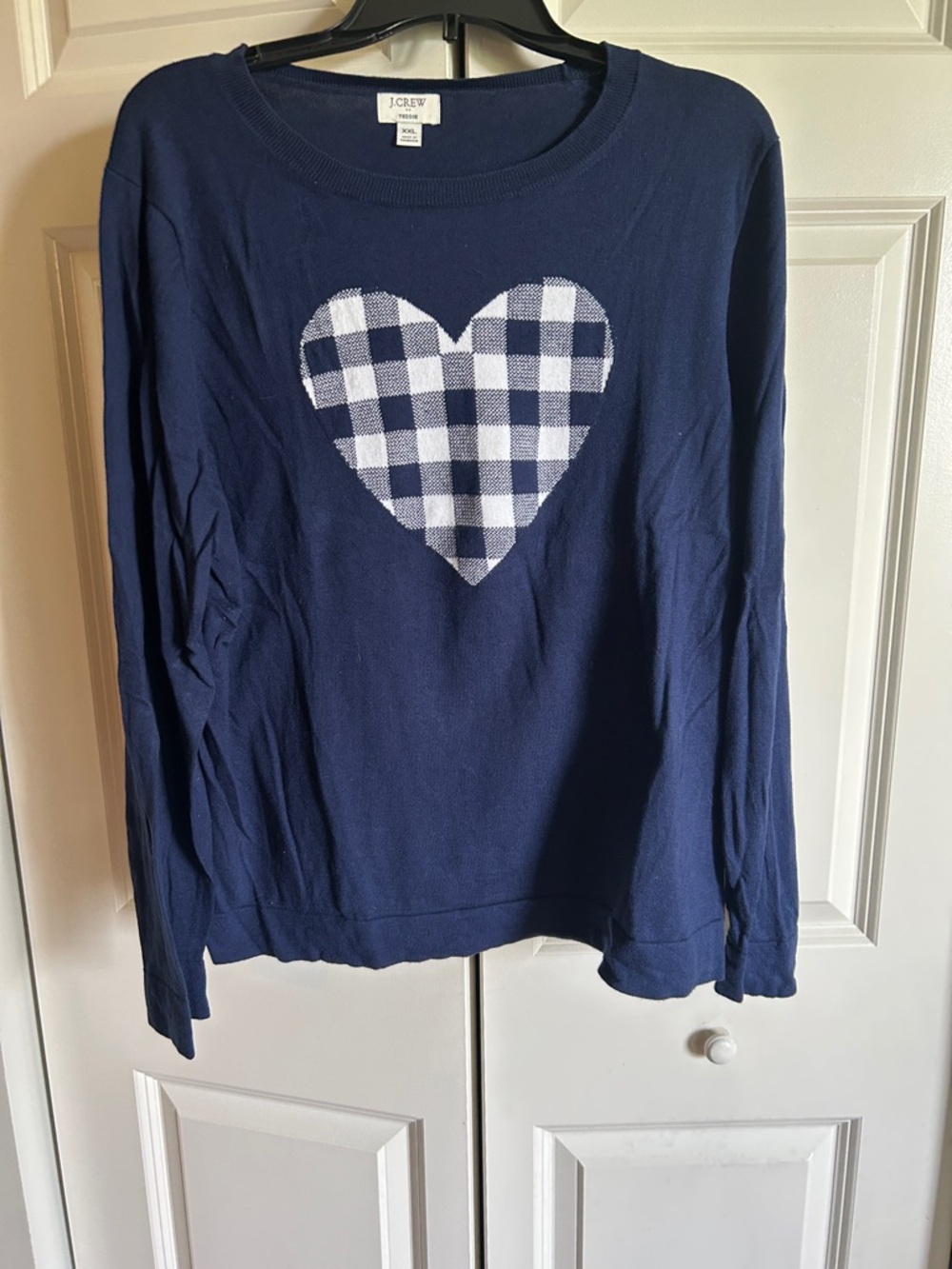 J. Crew Navy Long-Sleeve Top with White Plaid Heart